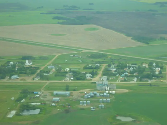Aerial view of the village and grain elevator